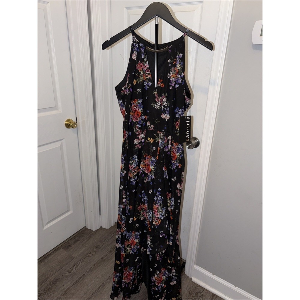 Sangria Maxi Hi-Low Floral Dress with a gold neck accent‎ 6P NWT Flowy Ethereal